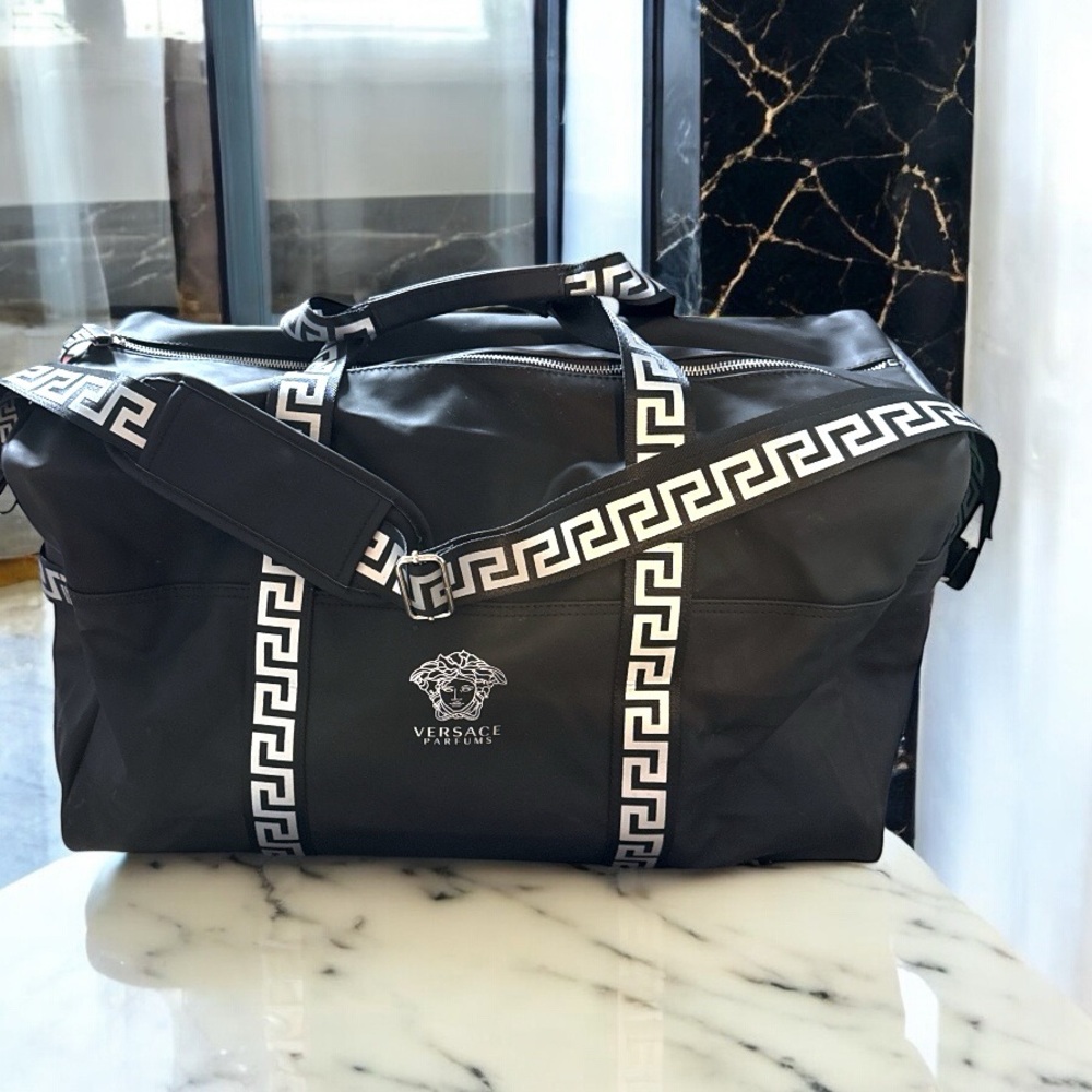 Versace Black Duffel Bag with Greek Key Design